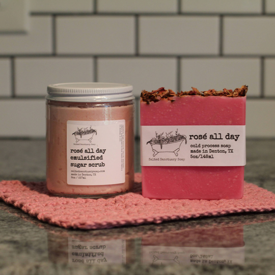 Rose Combo from Salted Sanctuary Soap, with rosé all day sugar scrub and cold process bar soap.